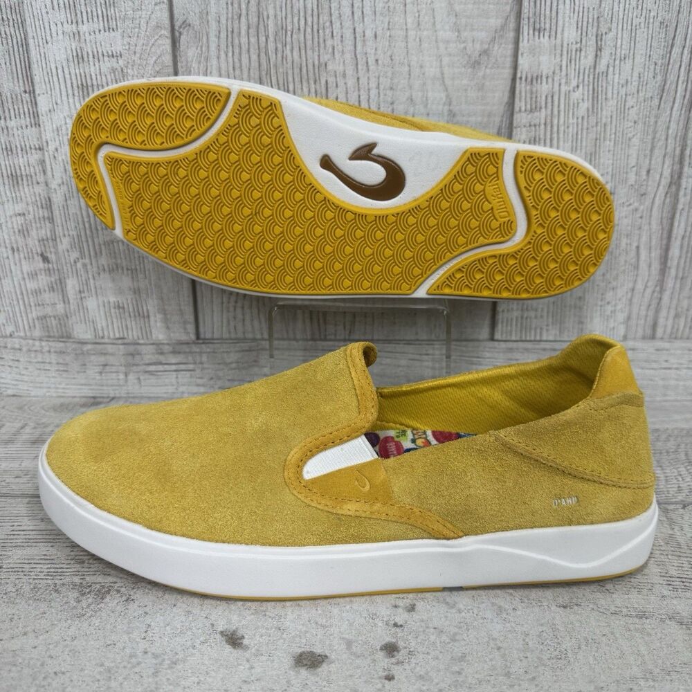 Olukai Lae'Ahi Suede Shoes Men’s 10 Mango Yellow Gold Slip On Sneakers Loafers